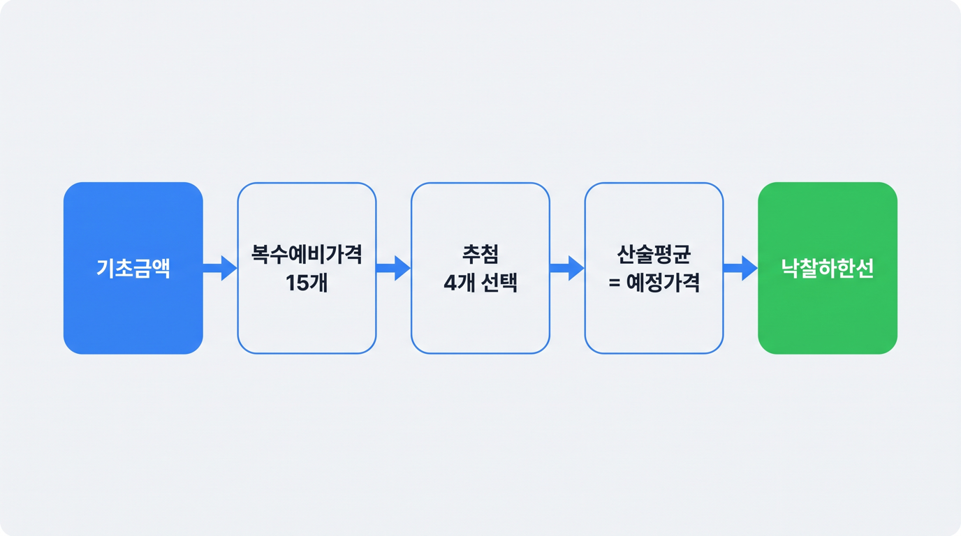 예정가격이 결정되는 과정: 기초금액에서 복수예비가격 추첨을 거쳐 낙찰하한선까지